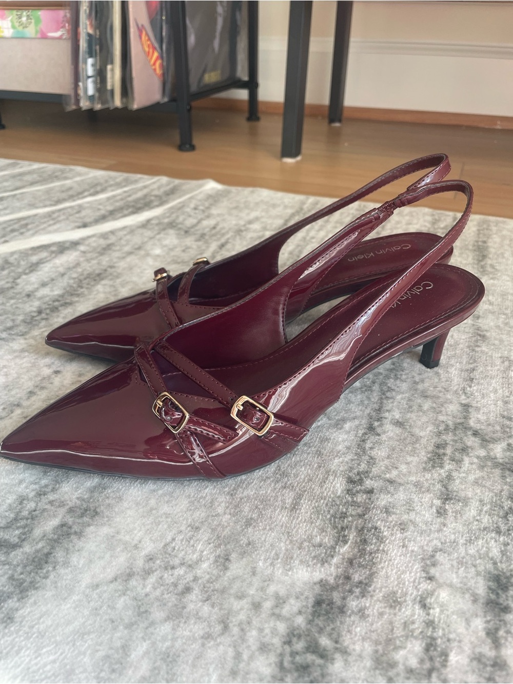 Calvin Klein Glossy Burgundy Patent Pointed Slingback Pumps - Picture 3 of 6